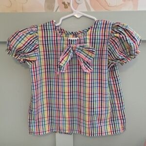 The Beaufort Bonnet Company Rainbow Plaid Bow Puff Blouse Spring Summer Top 3t